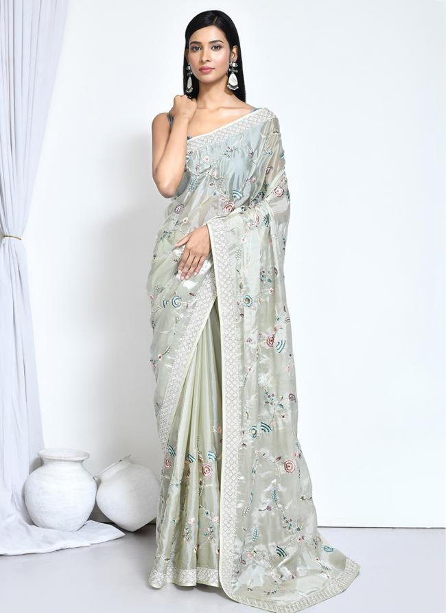 Satin Silk Green Wedding Wear Embroidery Work Saree